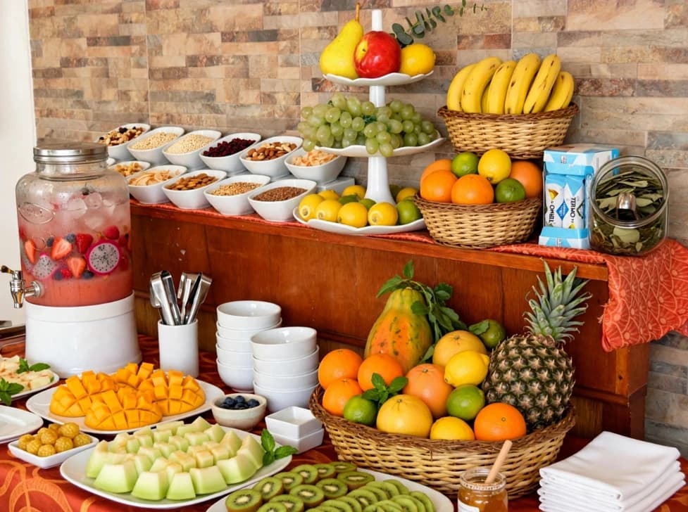 Buffet de desayuno variado con frutas tropicales